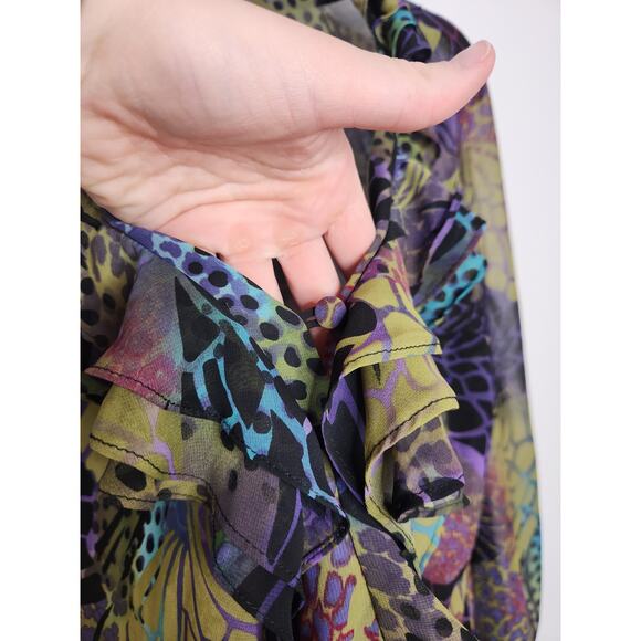 Vintage y2k Bisou Bisou Long Sleeve Flowy All Over Animal Print Sheer Ruffles - Picture 5 of 6
